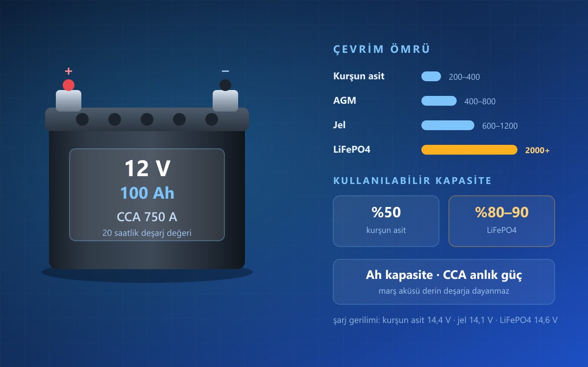 Kurşun asit, AGM, jel ve LiFePO4 akülerin yapısı ile Ah ve CCA değerlerinin karşılaştırması