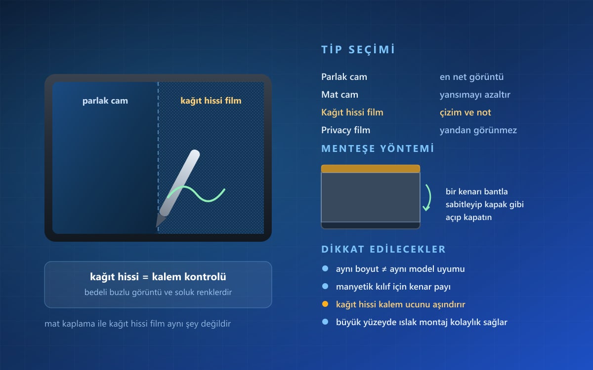 Temperli cam, mat film ve kağıt hissi film tiplerinin tablet üzerinde karşılaştırması